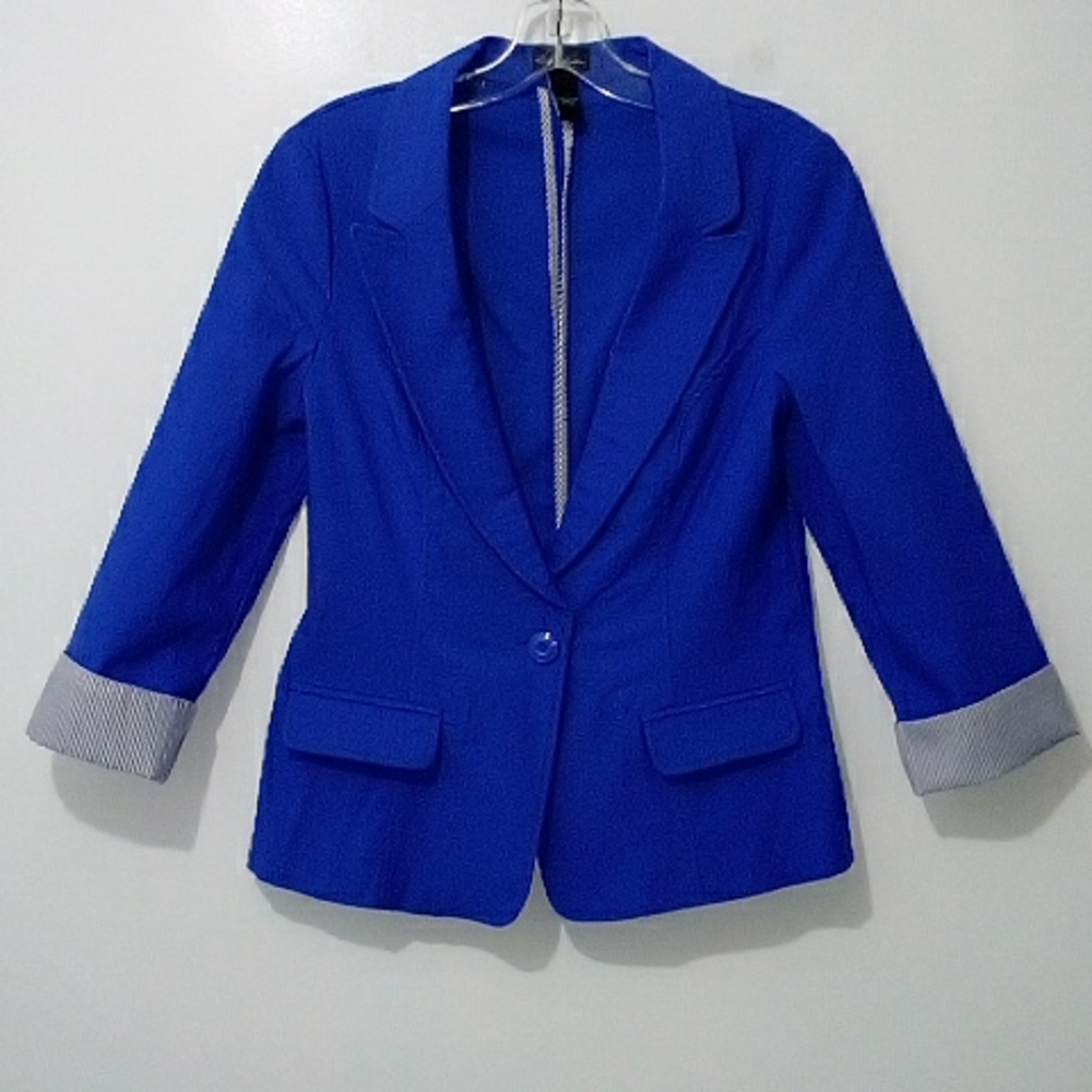 Seductions blue one button contrasting cuff fitted blazer jacket
